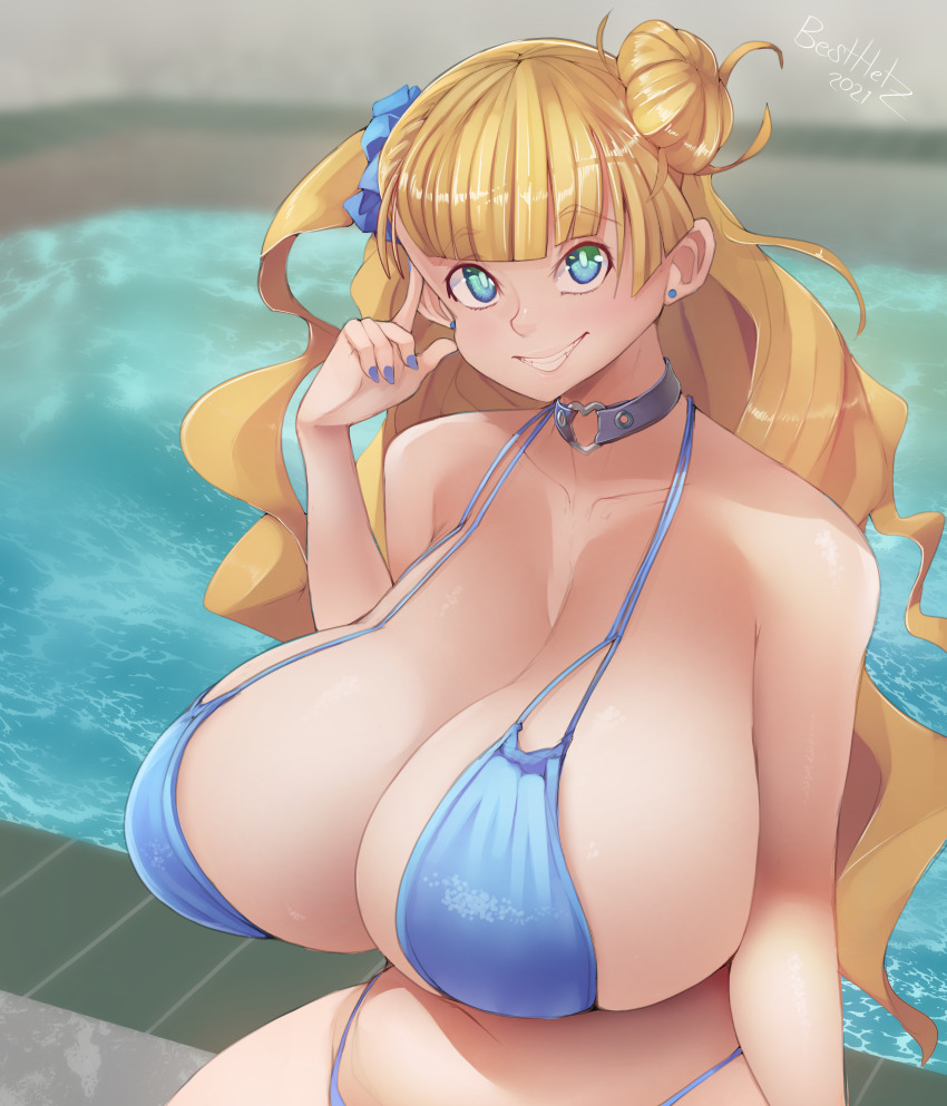 1girl absurdres besthetz bikini blonde_hair blue_bikini blue_eyes blue_nails breasts galko highres huge_breasts large_breasts long_hair nail_polish oshiete!_galko-chan pool smile solo swimsuit teeth