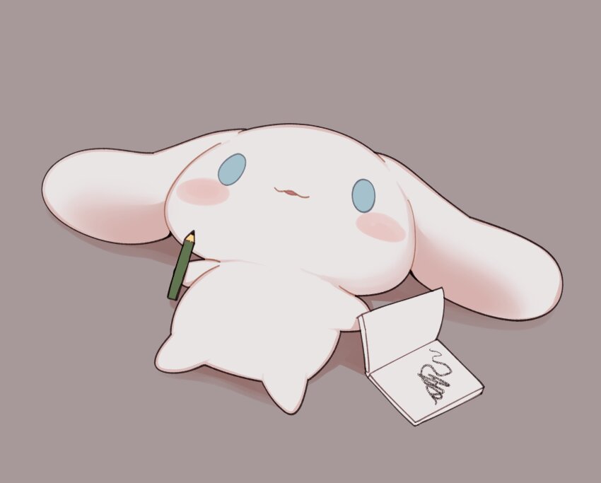 animal_focus blue_eyes blush blush_stickers book cinnamoroll dog full_body fuwa_fuwa_cinnamoroll highres lying on_back open_mouth paper pencil reimentyuru sanrio shadow smile solo