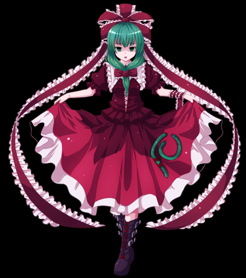 1girl arm_ribbon boots clothes_lift curtsey depressed dress dress_lift female_focus front_ponytail green_eyes green_hair hair_ribbon highres kagiyama_hina matching_hair/eyes nikka_(cryptomeria) open_mouth red_dress ribbon skirt_hold solo standing touhou transparent_background