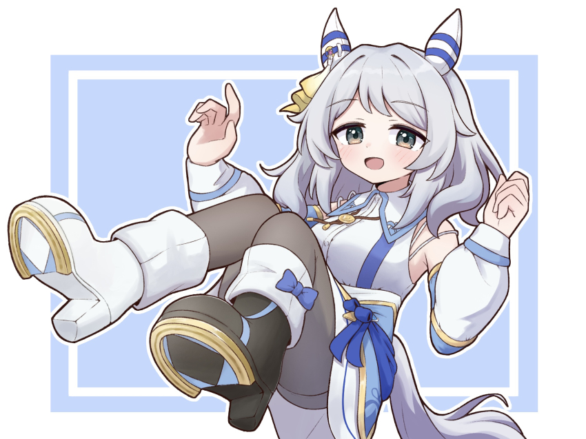 1girl :d animal_ears arms_up blue_background blue_bow blue_trim blush boots border bow commentary_request detached_sleeves fugakutkt green_eyes grey_hair high_heel_boots high_heels highres hishi_miracle_(umamusume) horse_ears horse_girl medium_hair open_mouth outside_border pantyhose smile solo umamusume white_border