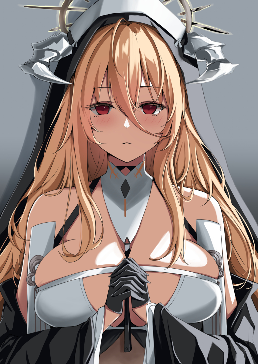 1girl absurdres azur_lane bare_shoulders black_gloves blonde_hair blush breast_cutout breasts detached_sleeves gloves habit hair_between_eyes halterneck highres horns implacable_(azur_lane) large_breasts long_bangs long_hair looking_at_viewer nun orange_eyes two-tone_dress very_long_hair xstetra