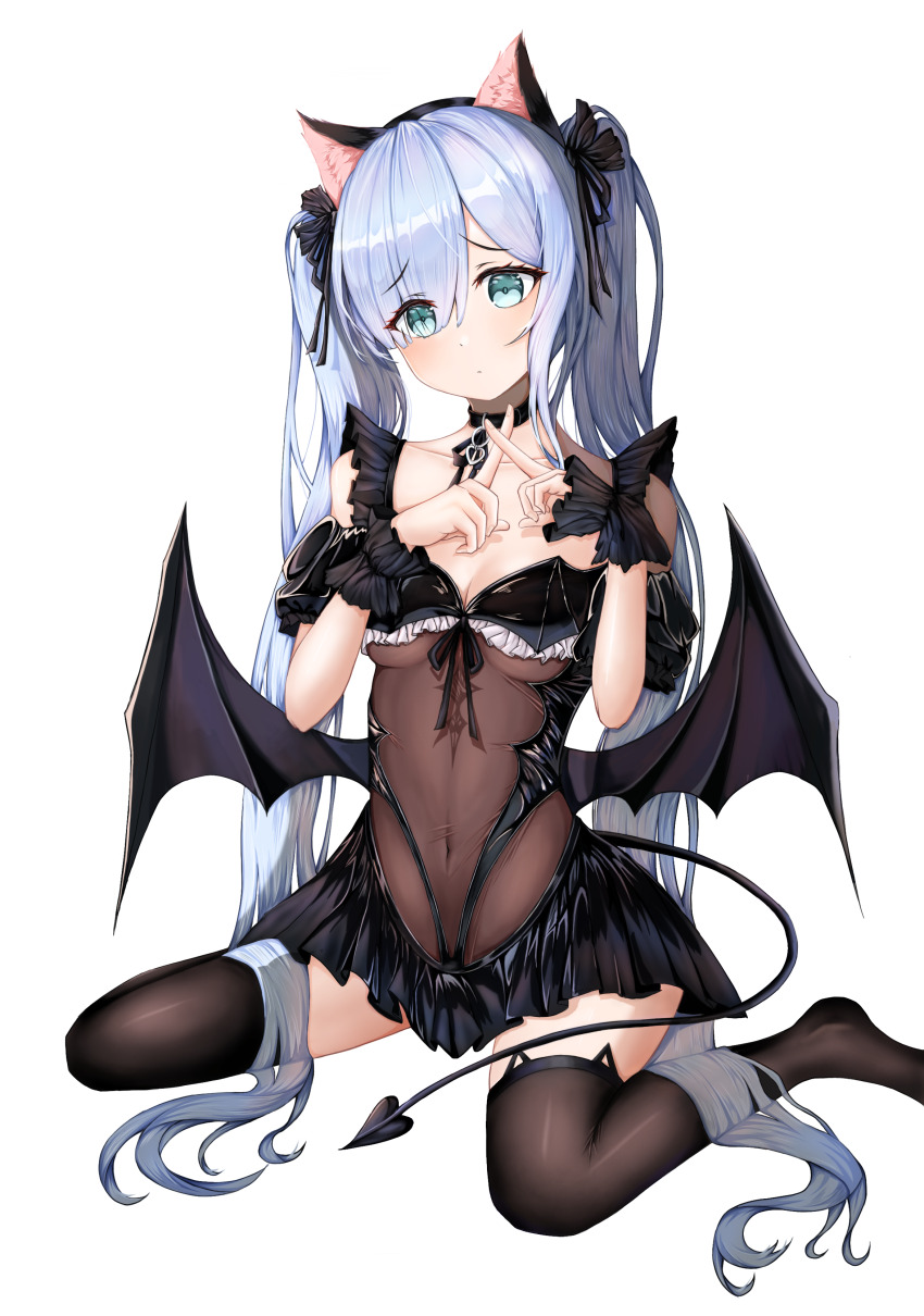 1girl absurdres animal_ears aqua_eyes azur_lane black_leotard black_thighhighs blue_hair breasts cat_ears cleavage covered_navel demon_tail demon_wings fake_animal_ears halloween_costume highres janus_(azur_lane) janus_(fright-night_scaredy-cat)_(azur_lane) leotard long_hair looking_at_viewer nanfeng7477 official_alternate_costume simple_background sitting small_breasts solo tail thighhighs twintails very_long_hair wariza white_background wings