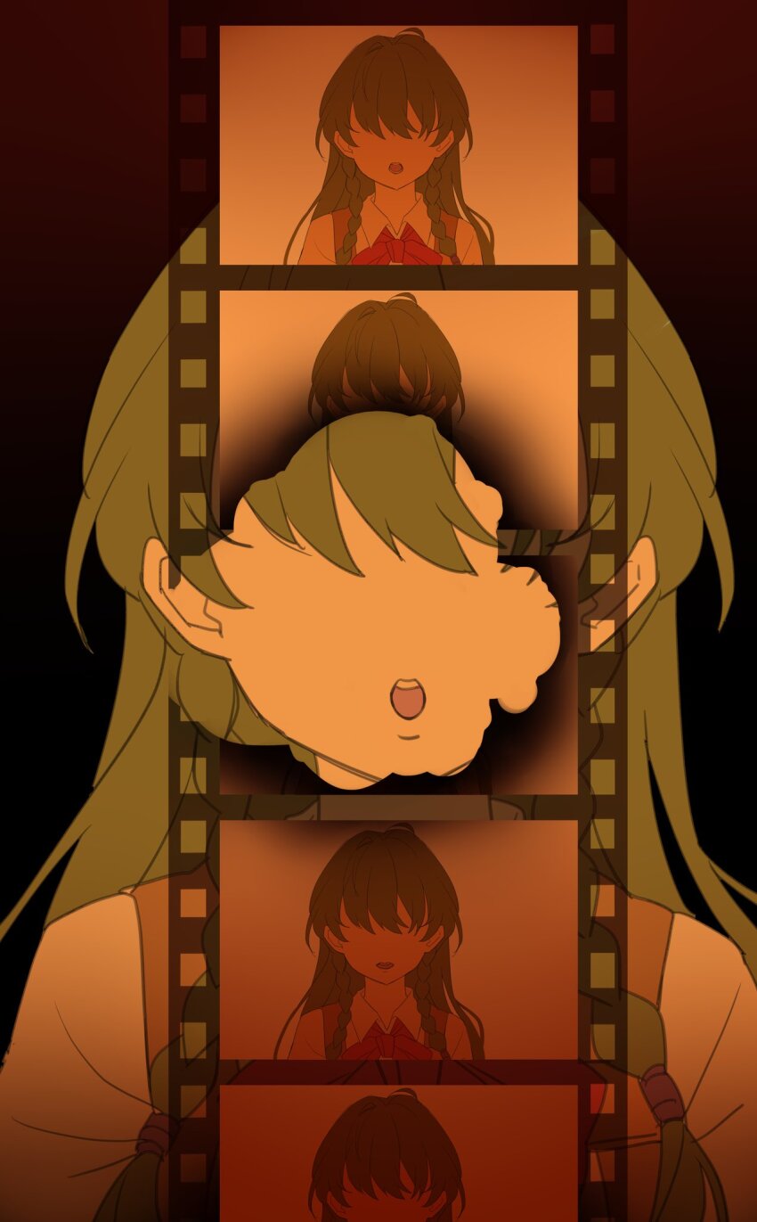 1girl braid faceless faceless_female film_reel gradient_background green_hair highres long_hair may_(2747513627) multiple_views neck_ribbon open_mouth red_ribbon ribbon sayonara_wo_oshiete shirt side_braids sketch straight-on sugamo_mutsuki upper_body vest white_shirt