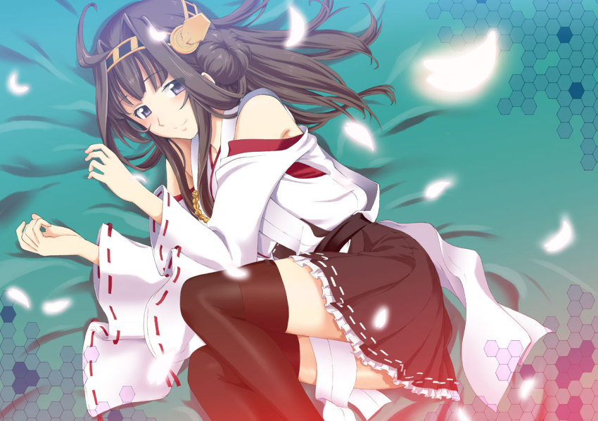 10s 1girl bare_shoulders black_skirt boots brown_hair detached_sleeves double_bun female_focus hair_bun hair_ornament hairband honeycomb_(pattern) honeycomb_background honeycomb_pattern japanese_clothes kantai_collection kongou_(kancolle) long_hair lying nontraditional_miko on_side petals saitaniya_ryouichi simple_background skirt smile solo thigh_boots thighhighs