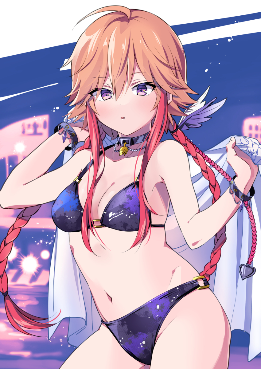 1girl bikini blurry blurry_background bracelet braid breasts choker cleavage cowboy_shot feather_hair_ornament feathers hair_ornament highres idolmaster idolmaster_cinderella_girls jewelry long_hair medium_breasts multicolored_bikini navel ninomiya_asuka o-ring o-ring_bikini open_mouth orange_hair purple_eyes riku_(melty_drop) solo swimsuit twin_braids