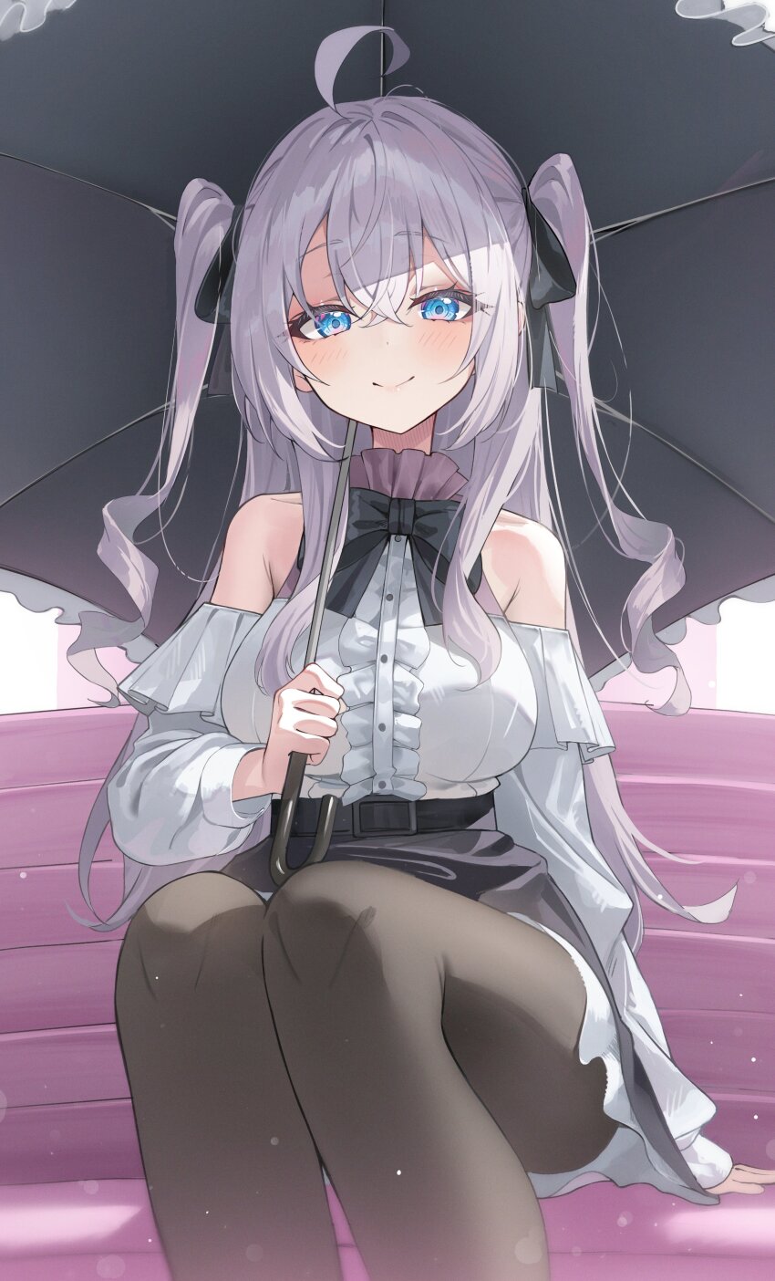 1girl absurdres ahoge alisa_mikhailovna_kujou bare_shoulders black_bow black_bowtie black_pantyhose black_skirt blue_eyes bow bowtie closed_mouth grey_hair hair_between_eyes highres holding holding_umbrella kerno long_hair looking_at_viewer off-shoulder_shirt off_shoulder pantyhose shirt sitting sitting_on_stairs skirt smile solo stairs tokidoki_bosotto_roshia-go_de_dereru_tonari_no_alya-san two_side_up umbrella white_shirt