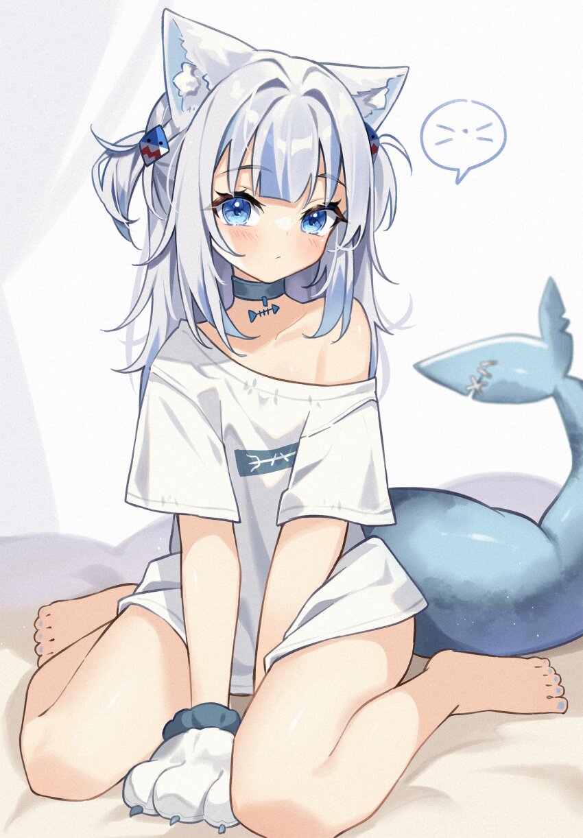 1girl absurdres alternate_costume animal_ears animal_hands bare_legs barefoot blue_eyes blunt_bangs blush cat_ears cat_paws choker collarbone fins fish_bone fish_tail gawr_gura hair_ornament hairpin highres hololive hololive_english kuri_(animejpholic) looking_at_viewer loose_clothes loose_shirt medium_hair no_pants shark_girl shark_tail shirt short_twintails sitting solo stitched_tail tail twintails virtual_youtuber wariza white_hair white_shirt