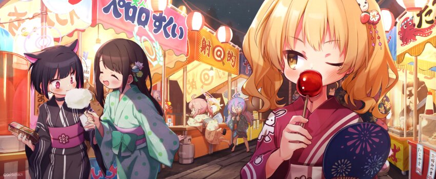 5girls airi_(blue_archive) animal_ears bent_over black_hair black_kimono blonde_hair blue_archive blue_hair blue_kimono brown_hair candy_apple cat_ears cat_girl closed_eyes commentary_request cotton_candy food green_kimono highres holding holding_food japanese_clothes kimono long_hair long_sleeves looking_at_another medium_hair multicolored_hair multiple_girls natsu_(blue_archive) night noodles one_eye_closed outdoors pink_eyes red_kimono reisa_(blue_archive) seisu shiba_inu shooting_gallery smile soba yellow_eyes yellow_kimono yoshimi_(blue_archive)