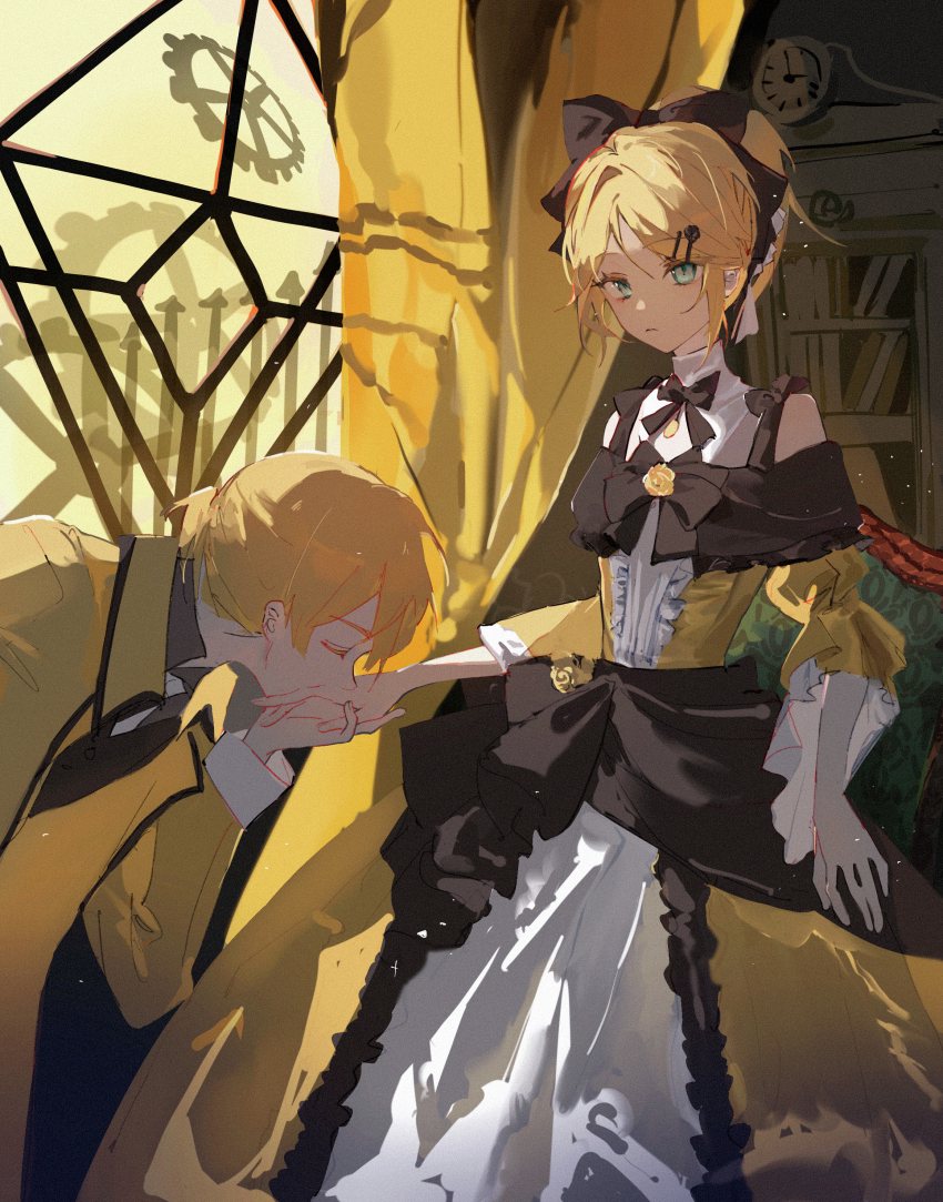 1boy 1girl absurdres aku_no_meshitsukai_(vocaloid) aku_no_musume_(vocaloid) allen_avadonia aqua_eyes bare_shoulders black_bow blonde_hair bookshelf bow brother_and_sister chair clock closed_eyes closed_mouth collared_jacket collared_shirt curtains detached_collar dress dress_bow dress_flower evillious_nendaiki flat_chest flower frilled_dress frilled_sleeves frills gears hair_bow hair_ornament hair_ribbon hairclip high_ponytail highres hunched_over jacket kagamine_len kagamine_rin kiss kissing_hand kneeling looking_at_viewer miku_symphony_(vocaloid) narrow_waist off-shoulder_dress off_shoulder official_alternate_costume petticoat pye_yyy ribbon riliane_lucifen_d&#039;autriche rose shirt short_ponytail short_sleeves siblings sidelocks slit_pupils swept_bangs twins updo vocaloid wide_sleeves window yellow_dress yellow_flower yellow_jacket yellow_rose