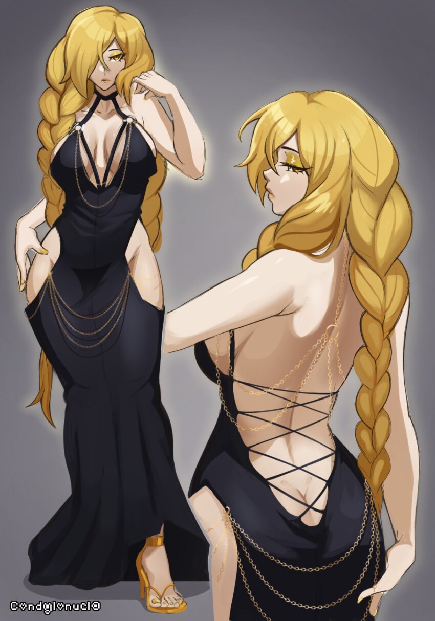 1girl alternate_costume ass black_dress blonde_hair braid breasts butt_crack chain condylonucla criss-cross_back-straps dress elden_ring gold_chain highres hip_vent long_hair looking_at_viewer looking_back low_neckline meme_attire modakawa_dress multiple_views queen_marika_the_eternal sleeveless sleeveless_dress tight_clothes tight_dress yellow_eyes