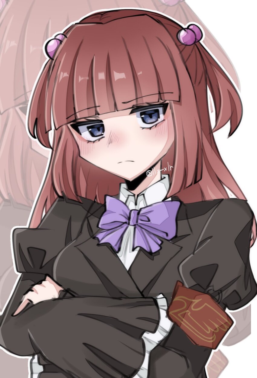 1girl artist_name blue_eyes blunt_bangs bow bowtie closed_mouth crossed_arms highres llx_xlt long_hair looking_at_viewer purple_bow purple_bowtie red_hair school_uniform serious sidelocks solo umineko_no_naku_koro_ni upper_body ushiromiya_ange