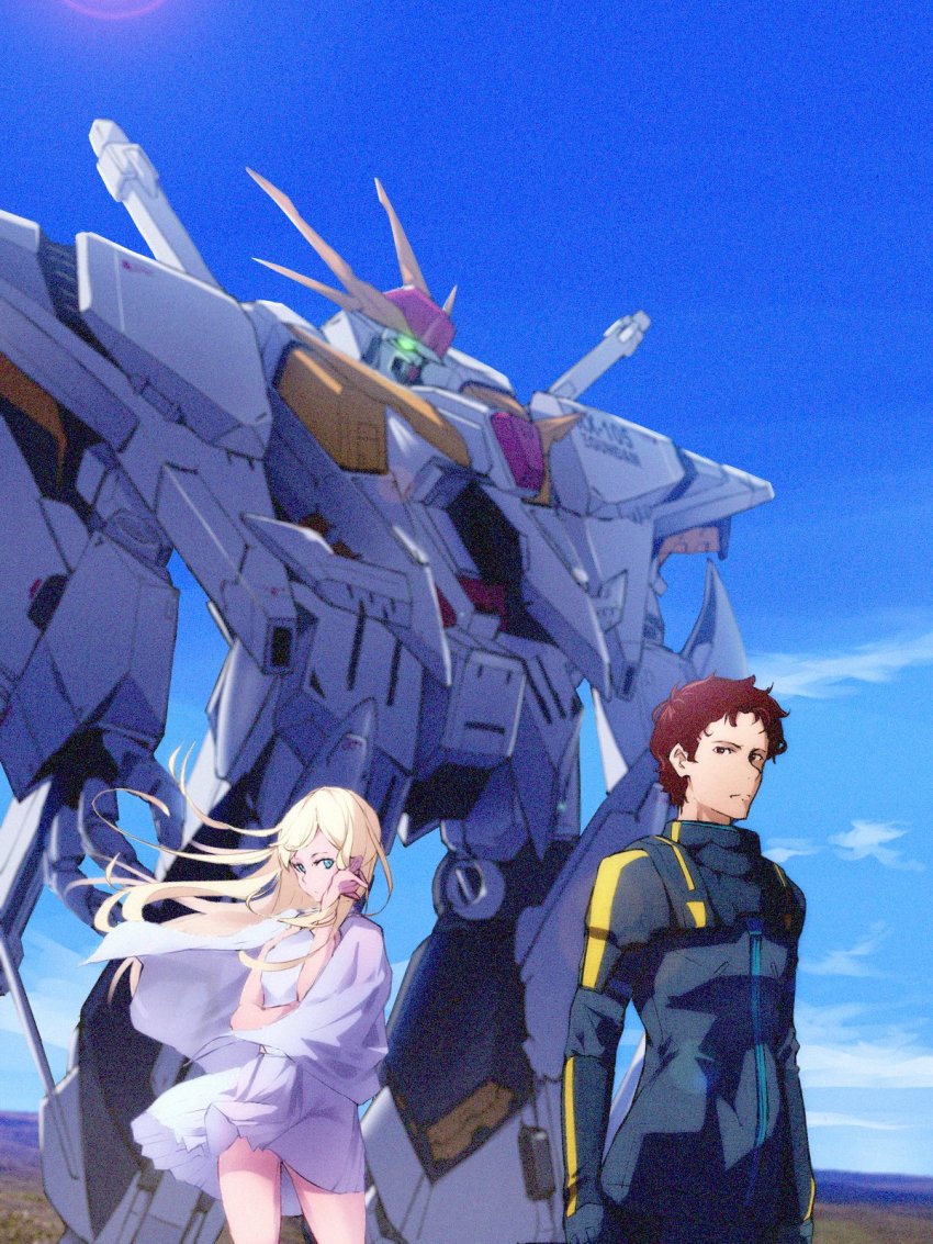 1boy 1girl arm_under_breasts blonde_hair blue_eyes breasts brown_eyes brown_hair capelet dress floating_hair gigi_andalusia green_eyes gundam gundam_hathaway&#039;s_flash hair_behind_ear hand_on_own_head hathaway_noa highres looking_to_the_side mecha mobile_suit pilot_suit ringobatake robot science_fiction small_breasts standing v-fin white_capelet white_dress xi_gundam