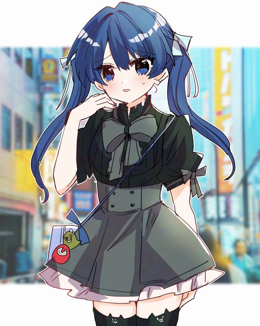 1girl alternate_costume alternate_hairstyle animal_charm animal_ear_legwear bag black_shirt black_thighhighs blue_bag blue_eyes blue_hair blue_ribbon blurry blurry_background blush casual cat_ear_legwear commentary_request cowboy_shot dark_blue_hair gonzales_(love_live!) grey_skirt hair_ribbon handbag high-waist_skirt highres kanduki_kamibukuro letterboxed link!_like!_love_live! long_hair looking_at_viewer love_live! miniskirt murano_sayaka open_mouth outside_border ribbon shirt short_sleeves skirt solo sweatdrop thighhighs twintails virtual_youtuber zettai_ryouiki