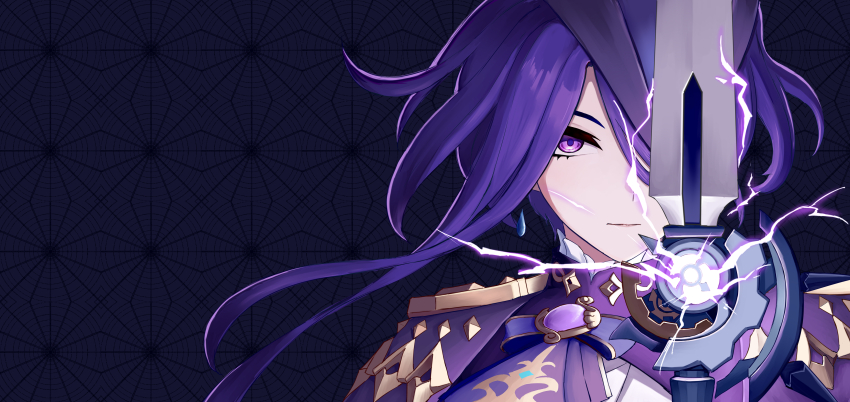 1girl absurdres ascot black_background clorinde_(genshin_impact) genshin_impact hat highres huangwanzi iron_sting_(genshin_impact) long_hair portrait purple_ascot purple_eyes purple_hair simple_background solo sword tricorne weapon