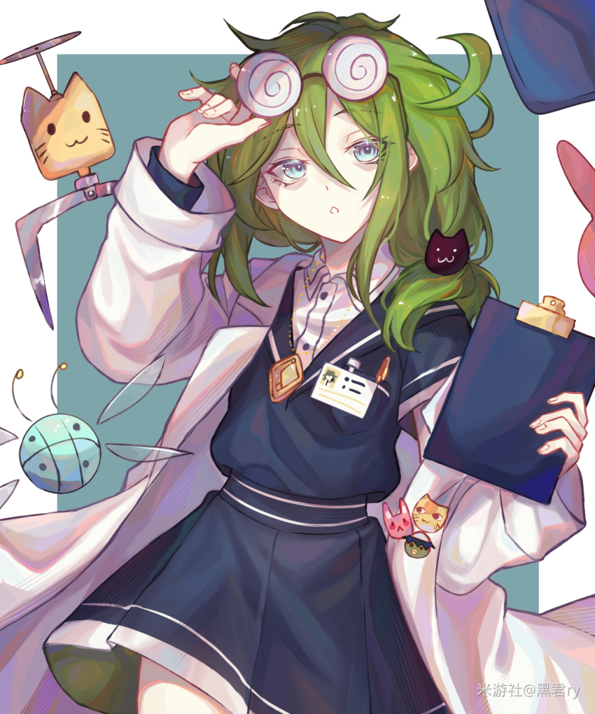 1girl adjusting_eyewear bags_under_eyes benghuai_xueyuan black_shirt black_skirt blue_eyes border clipboard coat collared_shirt drone eyewear_on_head glasses green_background green_hair hand_on_eyewear highres holding holding_clipboard holding_removed_eyewear honkai_(series) id_card kurokunry lab_coat long_hair long_sleeves parted_lips shirt side_ponytail skirt unworn_eyewear white_border white_coat yssring_leavtruth