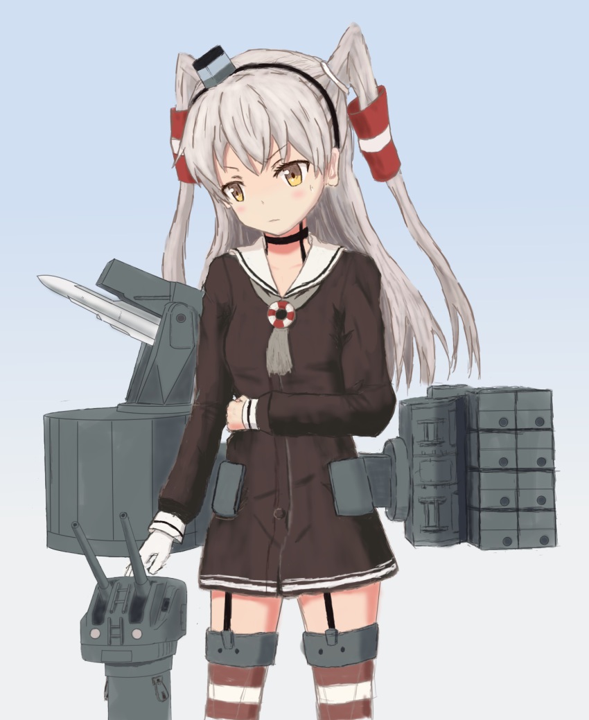 10s 1girl amatsukaze_(jmsdf) amatsukaze_(kancolle) bad_id bad_pixiv_id brown_eyes choker dress fusou_(fuso0205) gloves hair_tubes highres japan_maritime_self-defense_force japan_self-defense_force kantai_collection long_sleeves machinery military missile neckerchief original red_thighhighs rensouhou-kun sailor_collar sailor_dress silver_hair single_glove striped_clothes striped_thighhighs thighhighs two_side_up white_gloves zettai_ryouiki