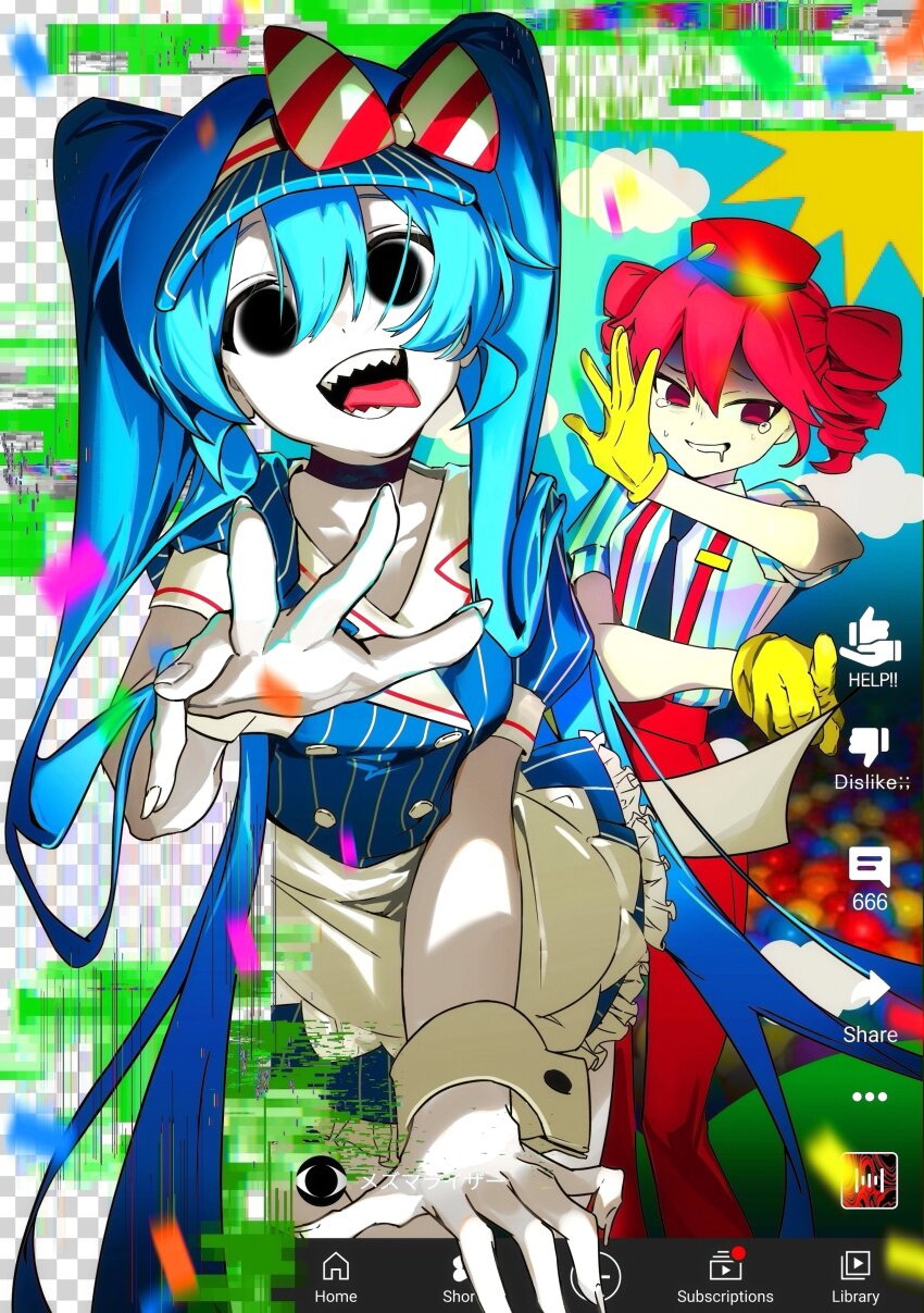 2girls absurdres apron black_choker blue_hair blue_hat blue_sky bow breasts buttons choker clenched_teeth cloud confetti despair double-breasted dress drill_hair drooling false_smile feet_out_of_frame fingernails gab_0o0 glitch gloves grin hat hat_bow hatsune_miku highres kasane_teto kepi layered_dress mesmerizer_(vocaloid) military_hat multiple_girls open_mouth pants pinstripe_hat pointing pointing_at_viewer reaching reaching_towards_viewer red_bow red_hair red_hat red_pants red_trim sailor_collar shirt short_sleeves sky sleeves_rolled_up small_breasts smile smiley_hat_ornament solid_circle_eyes striped_bow striped_clothes striped_shirt suspenders tears teeth tongue tongue_out twin_drills twintails utau visor_cap vocaloid waist_apron white_apron white_wrist_cuffs wrist_cuffs yellow_gloves youtube