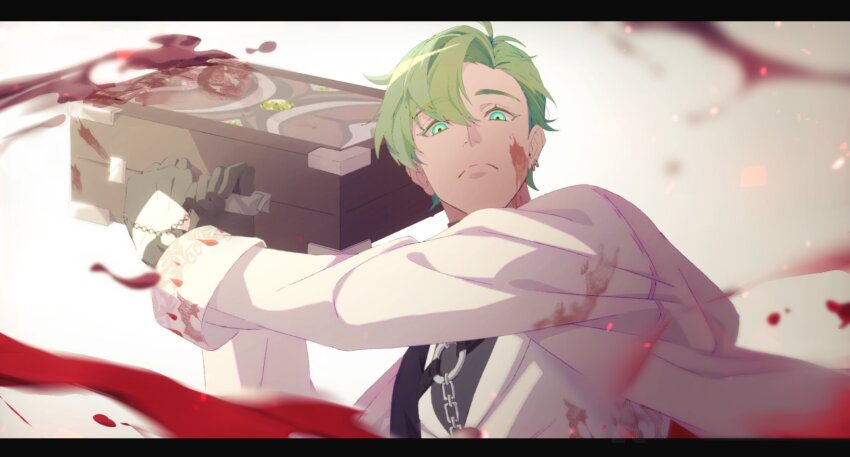 1boy black_gloves blood blood_on_clothes blood_on_face blood_splatter formal_clothes gloves green_eyes green_hair highres holding holding_suitcase jacket lamoon0703 long_sleeves looking_at_viewer male_focus nu_carnival olivine_(nu_carnival) short_hair suit suitcase upper_body white_jacket white_suit