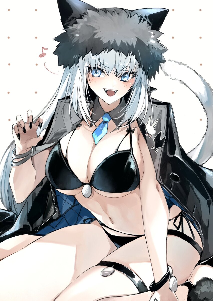 1girl animal_ears bikini black_bikini black_hat black_jacket blue_eyes blush bracelet breasts cat_ears cat_girl cat_tail cleavage detached_collar dobrynya_nikitich_(fate) dobrynya_nikitich_(swimsuit_lancer)_(fate) dobrynya_nikitich_(swimsuit_lancer)_(first_ascension)_(fate) fate/grand_order fate_(series) fur-trimmed_headwear fur_trim hat highres jacket jacket_on_shoulders jewelry kino_kokko large_breasts long_hair looking_at_viewer low_ponytail navel necktie open_mouth smile solo swimsuit tail thighs white_hairdobrynya_nikitich_(swimsuit_lancer)_(fate)