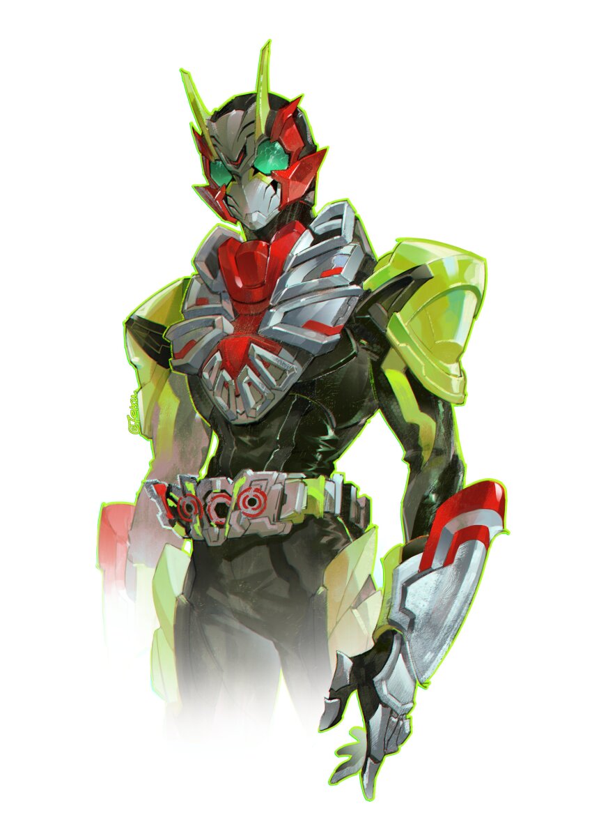 1boy absurdres armor belt belt_buckle black_bodysuit bodysuit buckle compound_eyes cowboy_shot green_armor hashtag-only_commentary helmet highres kamen_rider kamen_rider_01_(series) kamen_rider_outsiders kamen_rider_zero-three power_armor rider_belt simple_background solo tetsuuut white_background zero-three_driver