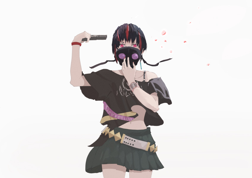 1girl absurdres black_hair gas_mask gun_to_head guratanchikin heaven_burns_red highres looking_at_viewer mask mikoto_fubuki multicolored_hair off-shoulder_shirt off_shoulder red_hair shirt short_hair sidelocks solo streaked_hair suicide