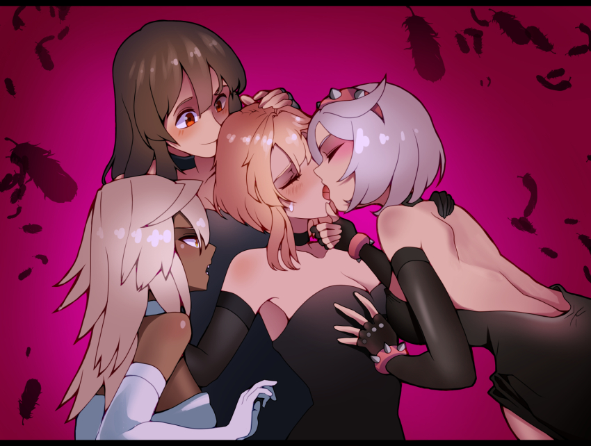 4girls black_dress blonde_hair breasts bridget_(guilty_gear) brown_hair cleavage dark-skinned_female dark_skin dress elbow_gloves elphelt_valentine french_kiss genderswap genderswap_(mtf) gloves grey_hair guilty_gear guilty_gear_strive hand_on_another&#039;s_chin harem highres kiss may_(guilty_gear) multiple_girls n0_image ramlethal_valentine short_hair white_dress yuri