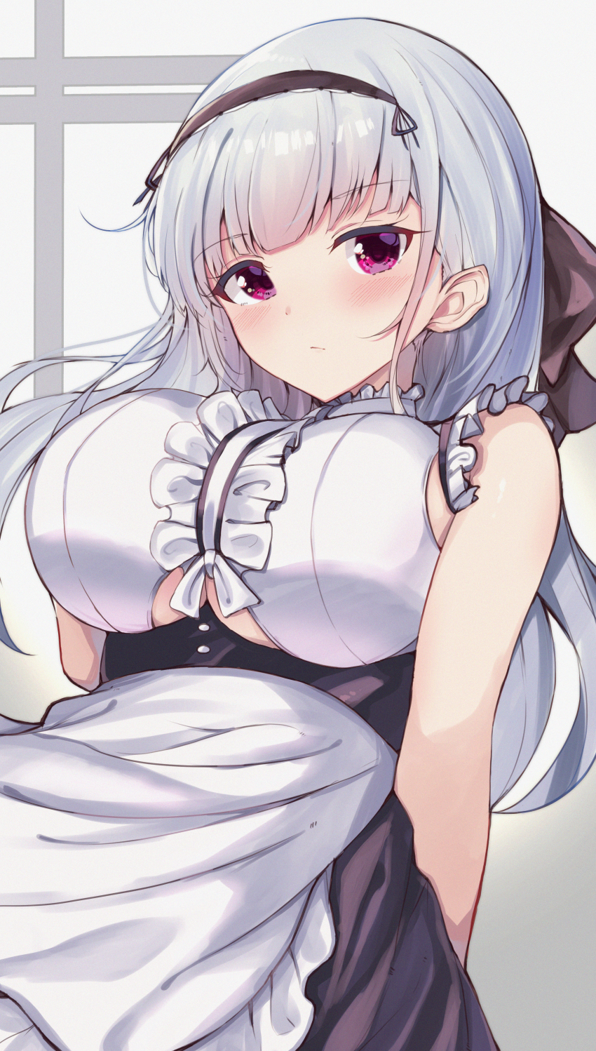 1girl absurdres anchor_choker apron arm_behind_back azur_lane black_skirt blush breasts cleavage clothing_cutout commentary_request dido_(azur_lane) hairband highres huge_filesize large_breasts long_hair looking_at_viewer misonikomi purple_eyes shirt silver_hair skirt sleeveless sleeveless_shirt solo underboob underboob_cutout waist_apron white_apron white_shirt