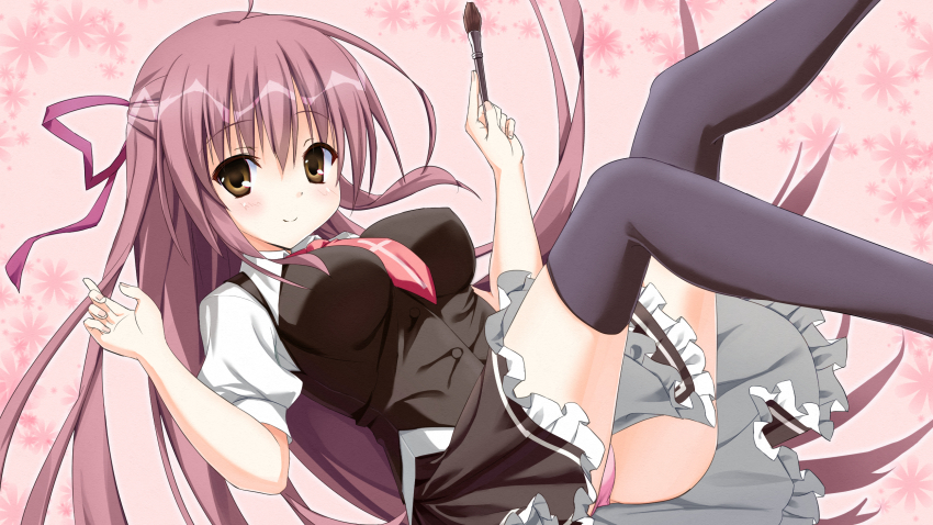 1girl black_skirt black_thighhighs black_vest breasts brown_eyes closed_mouth collared_shirt cross cross_print dot_nose feet_out_of_frame floating frilled_skirt frills full_body hair_between_eyes hair_ribbon highres holding holding_paintbrush karuru634 light_smile long_hair looking_at_viewer lying medium_breasts misakura_rin necktie on_back paintbrush panties pantyshot pink_background pink_hair pink_panties red_necktie red_ribbon ribbon sakura_no_uta school_uniform shirt short_sleeves skirt solo straight_hair thighhighs underwear vest white_shirt