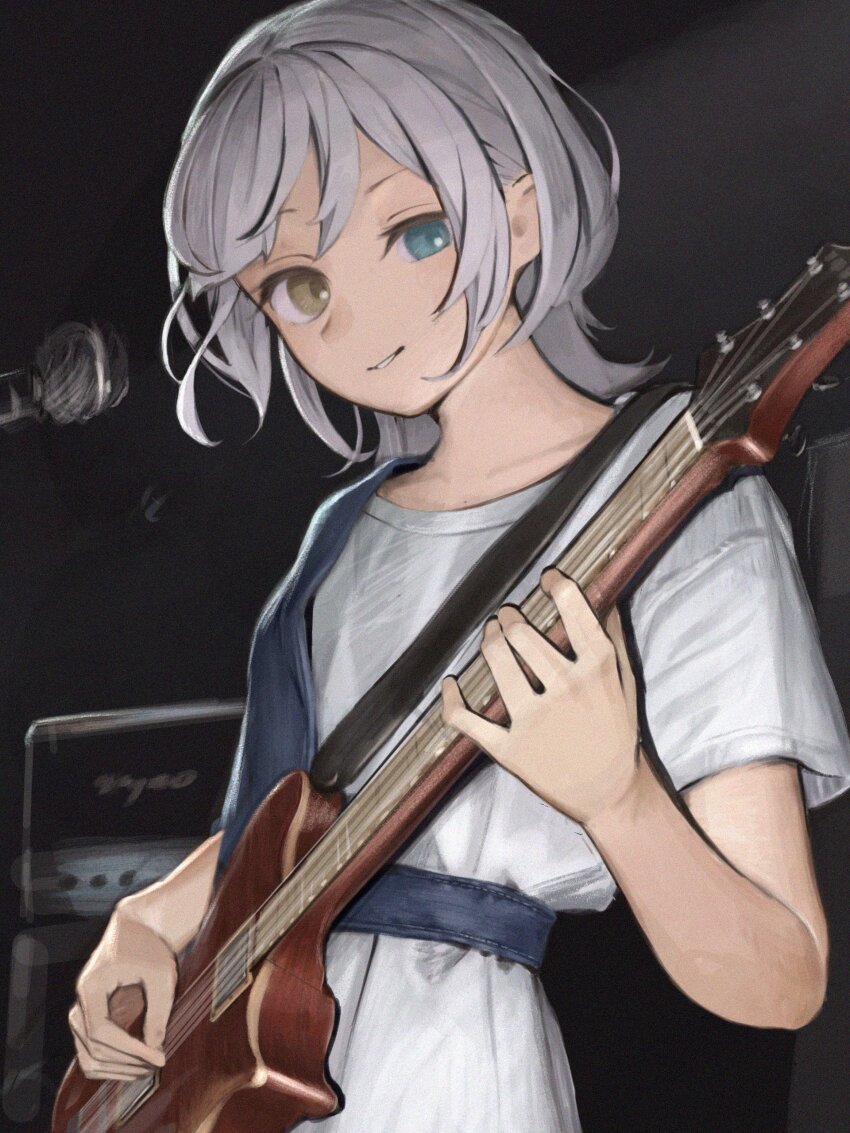 1girl absurdres bang_dream! bang_dream!_it&#039;s_mygo!!!!! blue_eyes commentary_request electric_guitar guitar heterochromia highres instrument kaname_raana kinakojojo open_mouth playing_guitar shirt short_hair short_sleeves solo white_hair white_shirt yellow_eyes