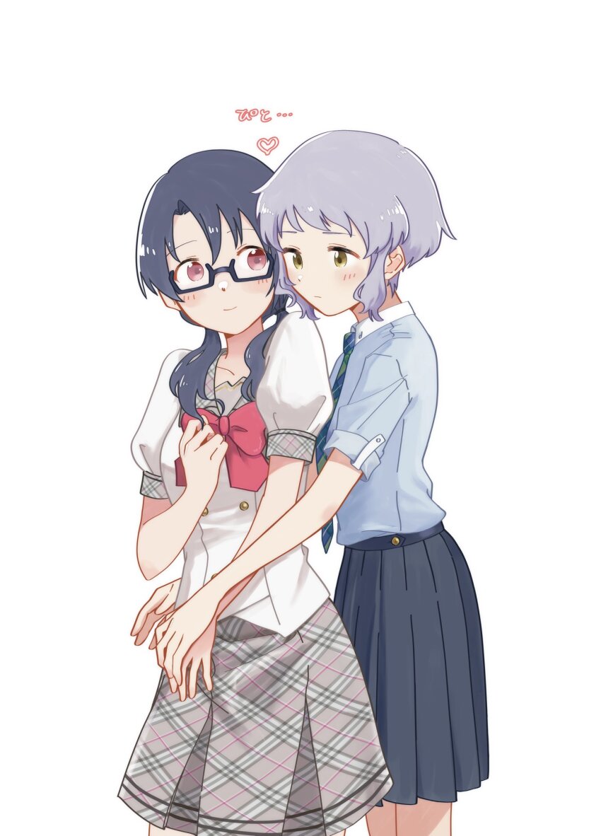 2girls black-framed_eyewear black_hair blue_shirt blue_skirt blush bow bowtie checkered_clothes checkered_necktie checkered_skirt commentary_request expressionless glasses grey_sailor_collar grey_skirt heart highres hug hug_from_behind idolmaster idolmaster_million_live! iori_(mu_tairiku_iori) long_hair looking_at_another low_twintails makabe_mizuki multiple_girls necktie pleated_skirt puffy_short_sleeves puffy_sleeves purple_hair red_bow red_bowtie red_eyes sailor_collar shirt short_hair short_sleeves sidelocks skirt smile takayama_sayoko twintails wavy_hair white_background white_shirt yellow_eyes yuri