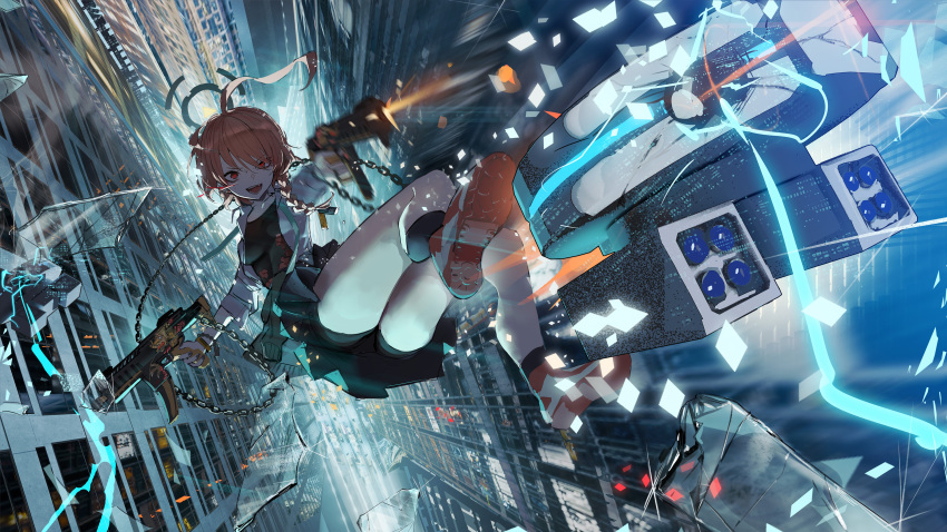 1girl absurdres ahoge bike_shorts blue_archive braid building chain dual_wielding falling gun halo highres holding holding_gun holding_weapon looking_at_viewer neru_(blue_archive) neru_(school_uniform)_(blue_archive) shoes short_hair sig_mpx skirt skyscraper sneakers solo submachine_gun susukawa_(susucawa) weapon