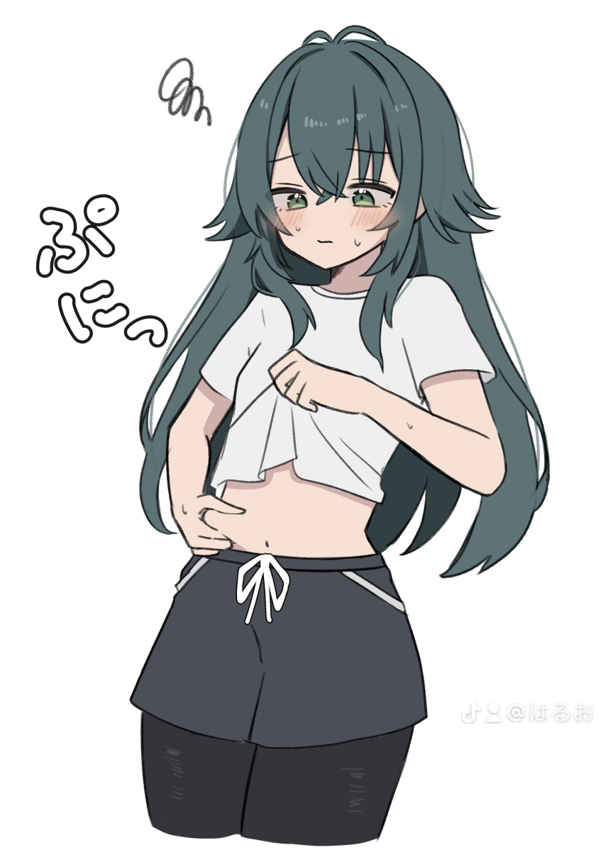 1girl absurdres antenna_hair belly_grab black_leggings black_shorts blush clothes_lift cropped_legs gakuen_idolmaster green_eyes green_hair haruo_(haruooimo) highres idolmaster leggings leggings_under_shorts lifting_own_clothes long_hair looking_down shirt shirt_lift short_sleeves shorts simple_background solo squiggle sweatdrop tsukimura_temari very_long_hair weight_conscious white_background white_shirt