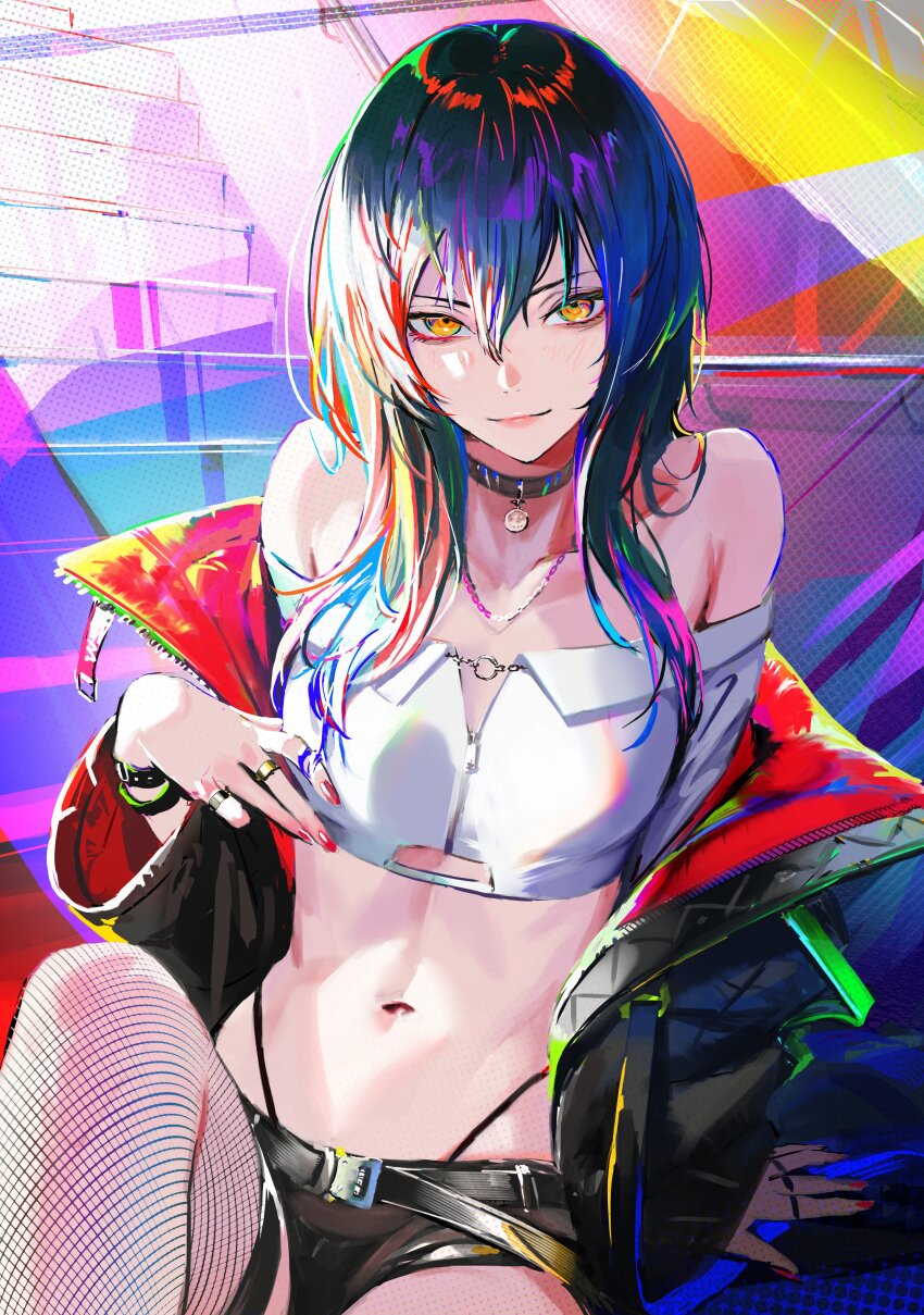 1girl absurdres bare_shoulders belt black_choker black_hair black_jacket black_shorts choker crop_top fishnet_thighhighs fishnets highleg highres jacket jewelry knee_up long_hair long_sleeves looking_at_viewer micro_shorts midriff multicolored_hair nababa navel necklace off-shoulder_shirt off_shoulder open_clothes open_jacket orange_eyes original panty_straps shirt shorts smile solo stomach streaked_hair thighhighs white_shirt