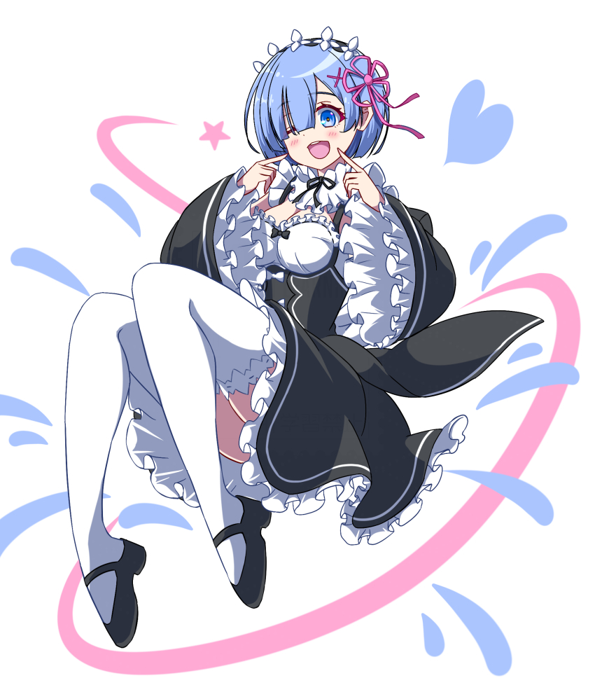 1girl ayanamirio blue_eyes blue_hair detached_sleeves looking_at_viewer open_mouth re:zero_kara_hajimeru_isekai_seikatsu rem_(re:zero) roswaal_mansion_maid_uniform short_hair smile solo