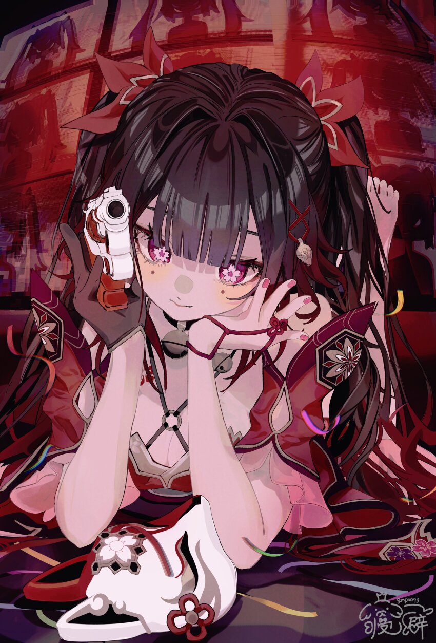 1girl absurdres bell black_gloves black_hair criss-cross_halter flower-shaped_eyewear fox_mask gloves gmpoo93 gun hair_between_eyes hair_ribbon halterneck handgun highres holding holding_gun holding_weapon honkai:_star_rail honkai_(series) long_hair lying mark_under_both_eyes mask neck_bell on_stomach pink_eyes revolver ribbon single_glove snubnosed_revolver solo sparkle sparkle_(honkai:_star_rail) twintails unworn_mask weapon