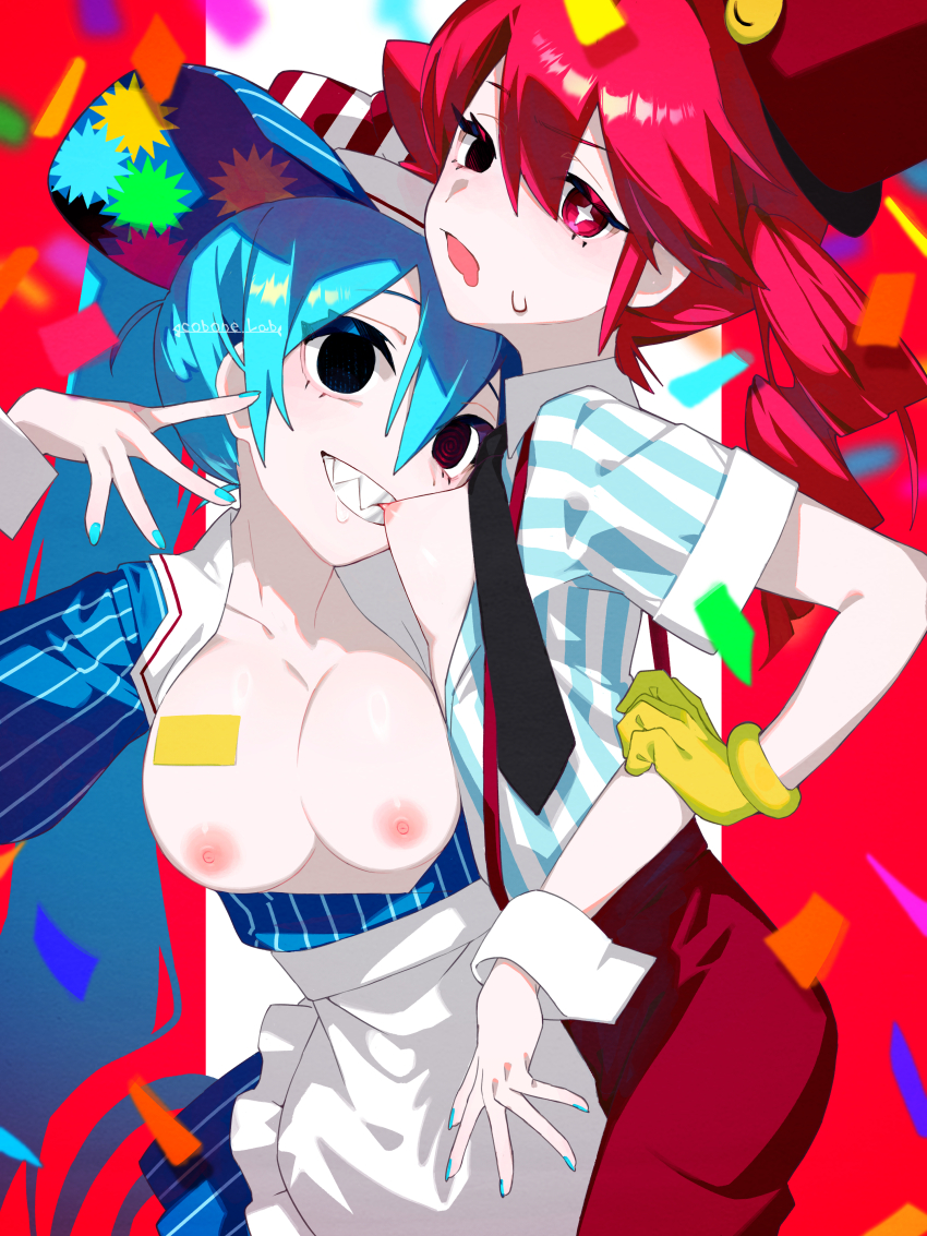 2girls absurdres apron arm_around_waist black_eyes blue_hair blue_nails breast_biting breasts cleavage confetti dress drill_hair drooling gloves hatsune_miku highres kasane_teto large_breasts licking licking_breast long_hair mesmerizer_(vocaloid) mouth_drool multiple_girls nipples open_clothes open_mouth open_shirt pinstripe_dress pinstripe_hat pinstripe_pattern red_eyes red_hair red_suspenders sharp_teeth shirt smiley_hair_ornament striped_clothes striped_shirt sweatdrop synthesizer_v teeth tongue tongue_out tridecagram twin_drills twintails utau virgo_(artist) visor_cap vocaloid white_apron yellow_gloves yuri