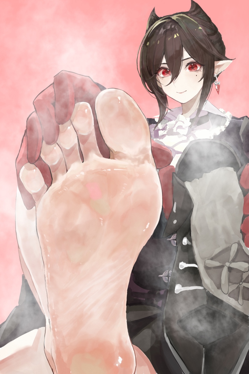 1girl absurdres arknights barefoot black_hair entelechia_(arknights) feet highres light_smile long_hair looking_at_viewer pointy_ears pov red_eyes shoes single_shoe soles steam tiansuo_haoer toes unworn_shoes unworn_socks