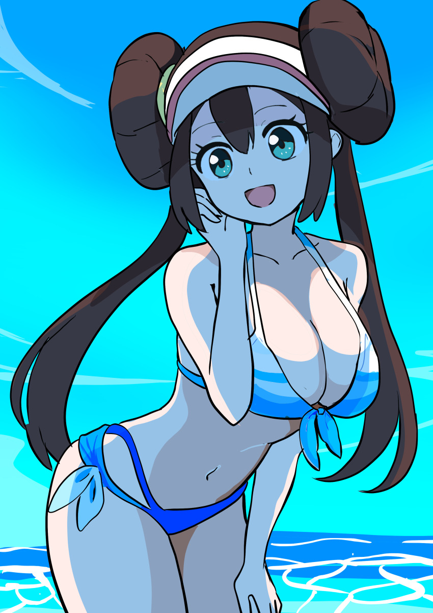 1girl absurdres alternate_breast_size alternate_costume aqua_eyes bikini blue_bikini breasts brown_hair cleavage commentary_request creatures_(company) double_bun doughnut_hair_bun front-tie_bikini_top front-tie_top game_freak green_eyes hair_bun hand_on_own_cheek hand_on_own_face hand_up highres large_breasts leaning_forward long_hair makademia nintendo open_mouth pokemon pokemon_bw2 rosa_(pokemon) smile solo swimsuit twintails visor_cap water