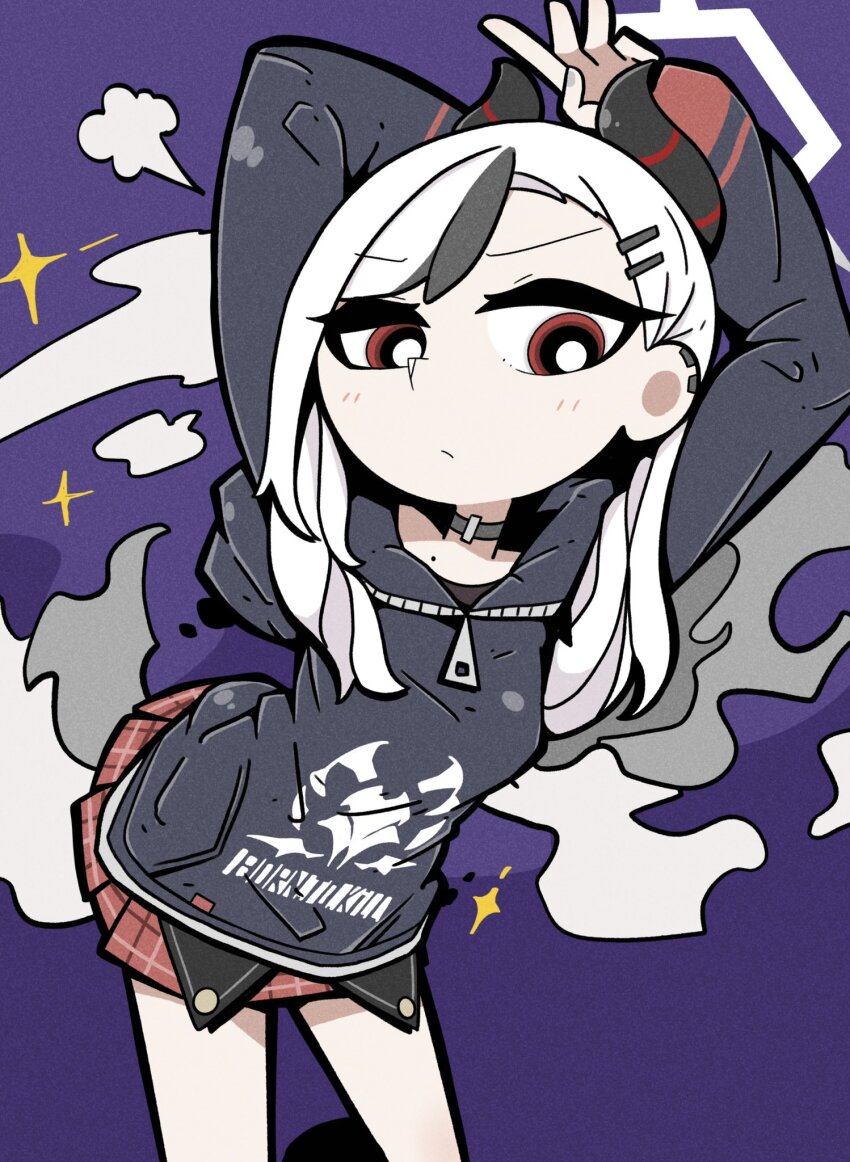 1girl arms_behind_head arms_up black_choker black_eyes black_hair black_hoodie blue_archive bright_pupils choker closed_mouth collarbone commentary demon_horns earclip feet_out_of_frame hair_down halo highres hood hood_down hoodie horns kayoko_(blue_archive) leaning_forward light_blush light_frown long_sleeves looking_at_viewer looking_down medium_hair mole mole_on_collarbone multicolored_eyes multicolored_hair plaid_clothes plaid_skirt pleated_skirt print_hoodie purple_background red_eyes red_skirt rumford sideways_glance skirt smoke solo sparkle streaked_hair v-shaped_eyebrows white_hair white_pupils zipper zipper_pull_tab