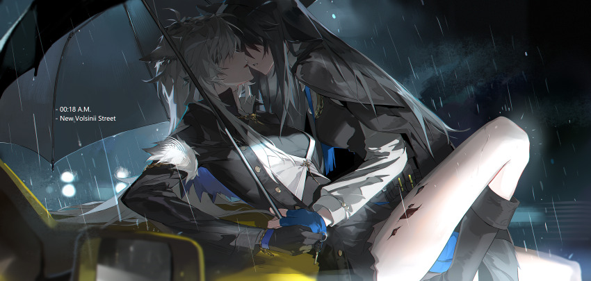 2girls absurdres animal_ears arknights black_cape black_footwear black_gloves black_jacket black_vest blue_gloves boots cape commentary fingerless_gloves gloves grey_hair hair_over_eyes highres holding holding_umbrella jacket lappland_(arknights) lappland_(refined_horrormare)_(arknights) long_hair long_sleeves material_growth meng_ziya multiple_girls night official_alternate_costume oripathy_lesion_(arknights) rain shirt symbol-only_commentary texas_(arknights) texas_the_omertosa_(arknights) umbrella vest white_shirt wolf_ears wolf_girl yuri