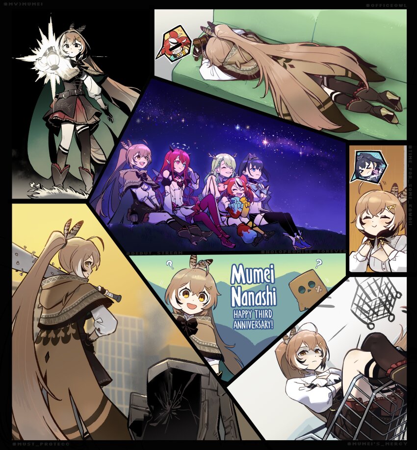 &gt;_&lt; 6+girls :&gt; :d ? absurdres ahoge animal_ears ankle_boots asymmetrical_legwear baseball_bat belt blue_eyes blue_hair boots braid braided_bangs brown_capelet brown_cloak brown_corset brown_eyes brown_hair cape capelet ceres_fauna ceres_fauna_(1st_costume) chain chain_headband character_name cleavage_cutout cloak closed_eyes clothing_cutout collage corset crossed_arms crossed_bangs detached_sleeves detached_wings dress ears_through_headwear english_text face_down feather_hair_ornament feathers friend_(nanashi_mumei) full_body gloves green_hair grin guoo hair_between_eyes hair_ornament hairclip hakos_baelz hakos_baelz_(1st_costume) halo head_rest heart heart_hands highres holding holding_lantern holocouncil hololive hololive_english hood hood_up in_shopping_cart irys_(hololive) irys_(irys_2.0)_(hololive) kneehighs lantern long_hair looking_at_viewer mismatched_legwear mouse_ears mouse_girl multiple_girls multiple_views nail nail_(hardware) nail_bat nanashi_mumei nanashi_mumei_(1st_costume) night night_sky open_mouth ouro_kronii ouro_kronii_(1st_costume) partially_fingerless_gloves pleated_skirt ponytail printer red_hair red_skirt ribbon shaded_face sharp_teeth shining shirt shopping_cart single_kneehigh single_sock single_thighhigh sitting skirt sky smile socks spoken_character star_(sky) stargazing starry_sky teeth thighhighs tree_horns triangle_mouth very_long_hair virtual_youtuber white_dress white_shirt wings