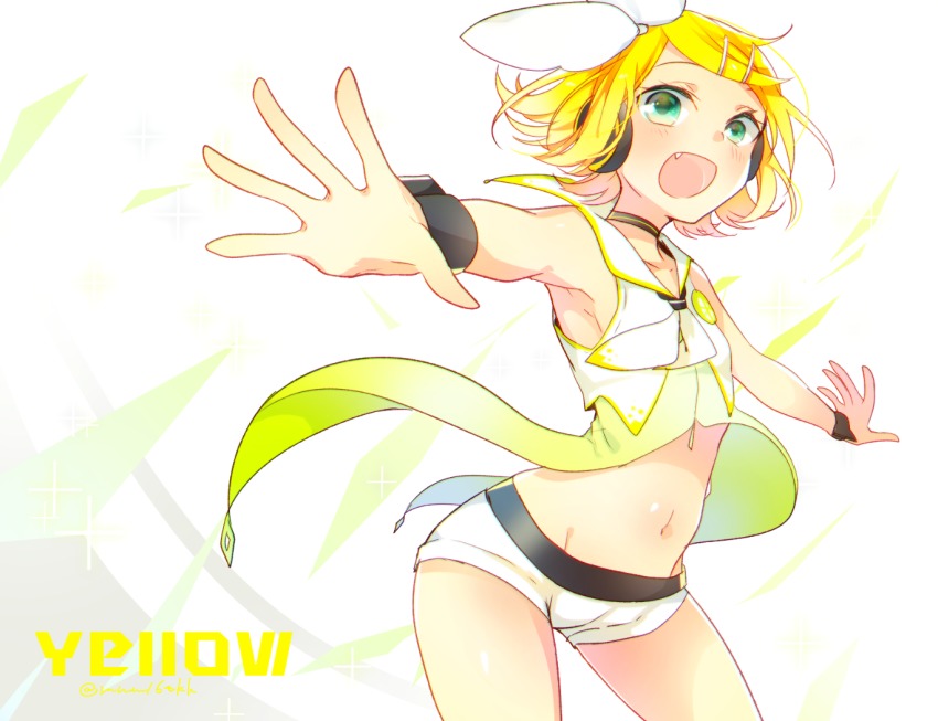 1girl :d arched_back armpits bare_shoulders blonde_hair blush bow breasts fang female_focus flat_chest green_eyes hair_bow hair_ornament hairclip headphones headset kagamine_rin kawahara_chisato midriff navel open_mouth outstretched_arms sailor_collar shirt short_hair shorts sideboob sleeveless sleeveless_shirt smile solo song_name spread_arms vocaloid zipper