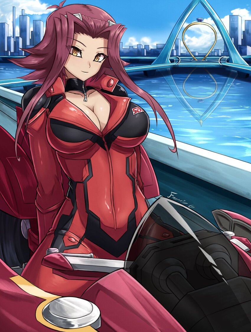 biker_clothes bikesuit bodysuit breasts d-wheel fgsketch hair_ornament highres izayoi_aki large_breasts leaning_back looking_at_viewer medium_hair motor_vehicle motorcycle on_motorcycle red_hair yellow_eyes yu-gi-oh! yu-gi-oh!_5d&#039;s