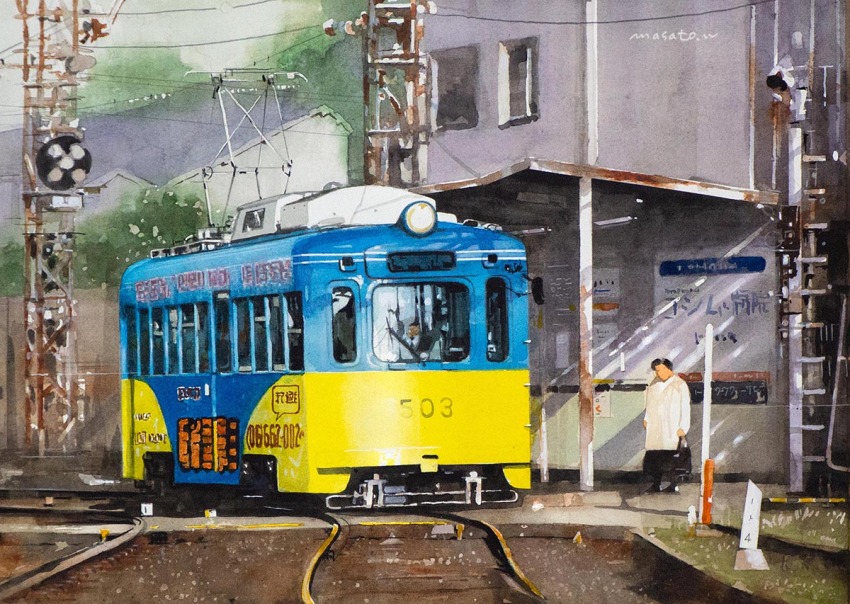 1girl building original overhead_line painting_(medium) pantograph railroad_crossing railroad_tracks scenery streetcar traditional_media watanabe_masato watercolor_(medium) window