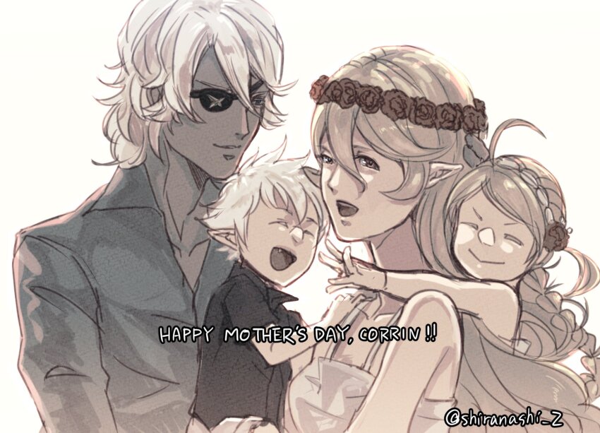 2boys 2girls aged_down braid corrin_(female)_(fire_emblem) corrin_(fire_emblem) eyepatch family fire_emblem fire_emblem_fates group_hug hairband happy_mother&#039;s_day highres hug kana_(fire_emblem) kana_(male)_(fire_emblem) low_twin_braids multiple_boys multiple_girls niles_(fire_emblem) nina_(fire_emblem) nintendo pointy_ears shiranashi_z twin_braids white_hairband