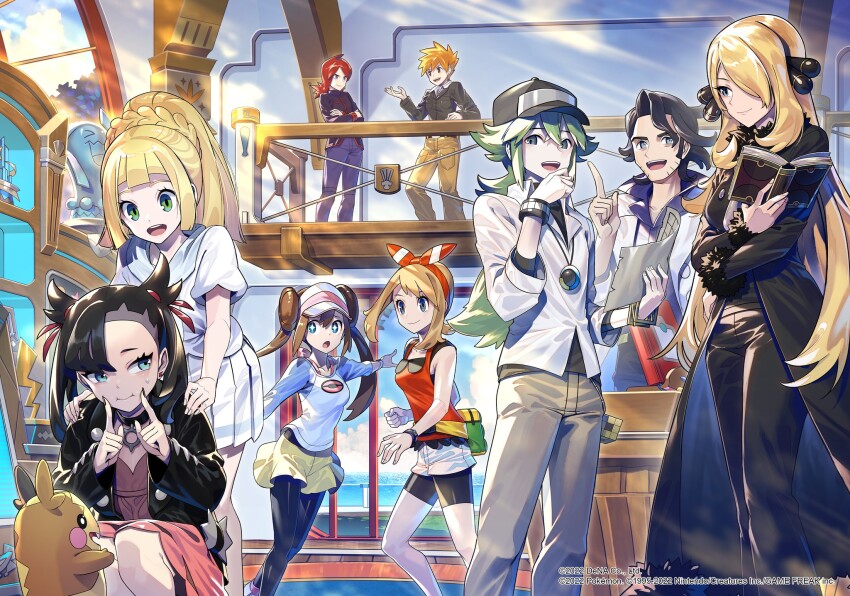 4boys 5girls augustine_sycamore black_hair black_nails blonde_hair blue_oak book brown_hair collared_jacket creatures_(company) crossed_arms cynthia_(pokemon) double_bun fingersmile game_freak gen_2_pokemon gen_8_pokemon green_hair hair_bun hands_on_another&#039;s_shoulders highres holding holding_book jacket lillie_(pokemon) marnie_(pokemon) may_(pokemon) morpeko morpeko_(full) multiple_boys multiple_girls n_(pokemon) nintendo official_art pantyhose pointing pokemon pokemon_(creature) pokemon_bw pokemon_bw2 pokemon_dppt pokemon_hgss pokemon_masters_ex pokemon_sm pokemon_swsh pokemon_xy red_hair rosa_(pokemon) shirt silver_(pokemon) sleeveless sleeveless_shirt smile squatting statue third-party_source wobbuffet zounose