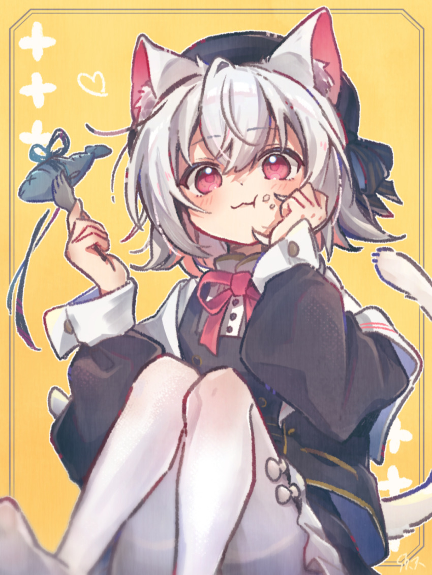 1girl :3 animal_ear_fluff animal_ears black_hat black_jacket black_skirt bow buttons cat_ears cat_girl cat_tail closed_mouth commentary_request dot_nose feet_out_of_frame fork frilled_skirt frills from_below hand_on_own_cheek hand_on_own_face hands_up hat hat_bow heart highres holding holding_fork inset_border jacket knees_up long_sleeves looking_at_viewer neck_ribbon open_clothes open_jacket outline pantyhose puffy_long_sleeves puffy_sleeves red_eyes red_ribbon ribbon sayo_(voicevox) simple_background sitting skirt suama_(haruichi) tail thighband_pantyhose voicevox white_hair white_outline white_pantyhose white_tail yellow_background