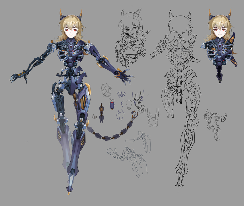 1girl android blonde_hair commentary_request english_text flower full_body grey_background highres horns humanoid_robot joints mechanical_horns mechabare mechanical_tail medium_hair original red_eyes robot robot_joints slit_pupils smile solo tail ushas