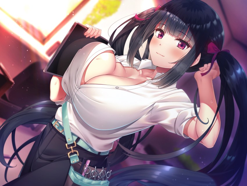 1girl arm_up bag belt black_hair black_pants blunt_bangs blush breast_press breasts cleavage closed_mouth collarbone dress_shirt dutch_angle hair_ribbon handbag highres holding holding_tablet_pc indoors large_breasts long_hair looking_at_viewer non-web_source original pants purple_eyes ribbon scissors shirt sidelocks smile solo standing super_nagoyaka sweat tablet_pc twintails very_long_hair white_shirt window