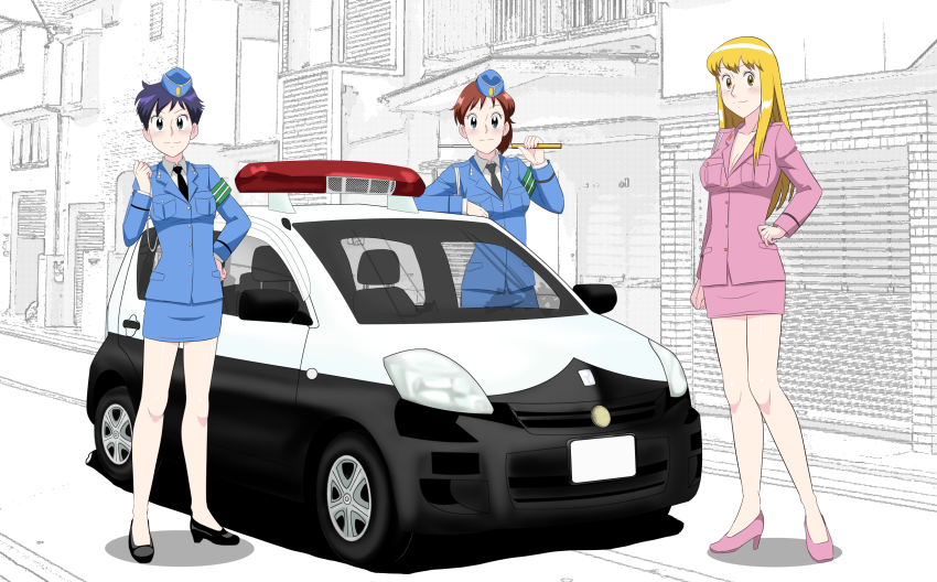 3girls akimoto_katherine_reiko blonde_hair car highres kochikame long_hair motor_vehicle multiple_girls ono_komachi police police_car police_uniform policewoman ponytail seishou_naoko short_hair takaya_n